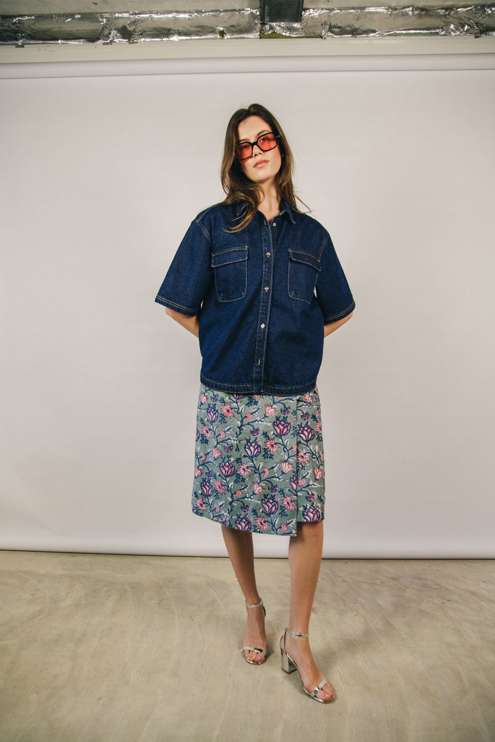 Block print skirt and denim blouse