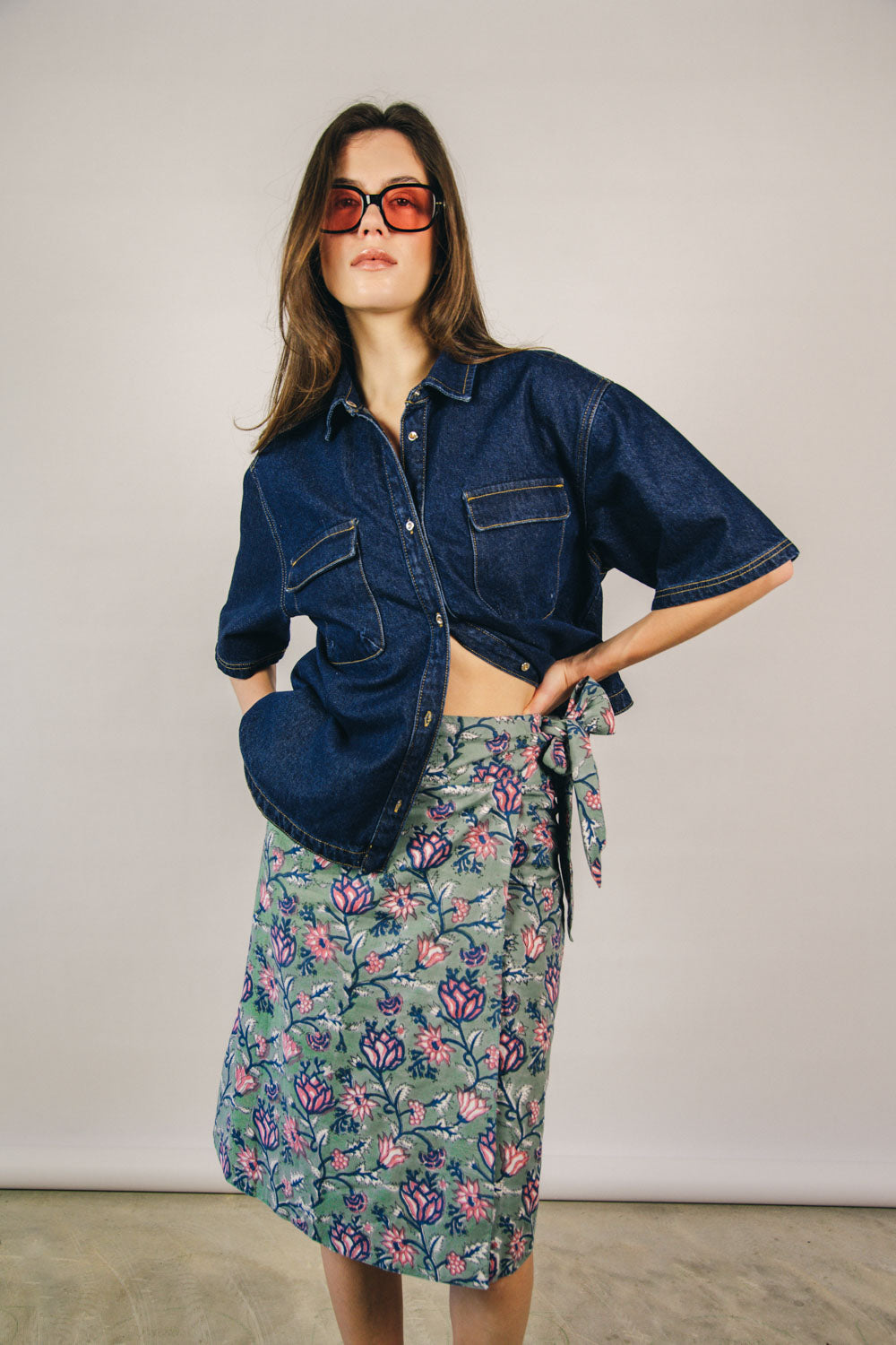 Block print skirt and denim blouse set