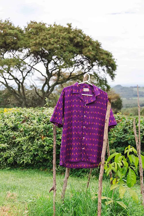 Unisex paarse ikat blouse met korte mouwen 