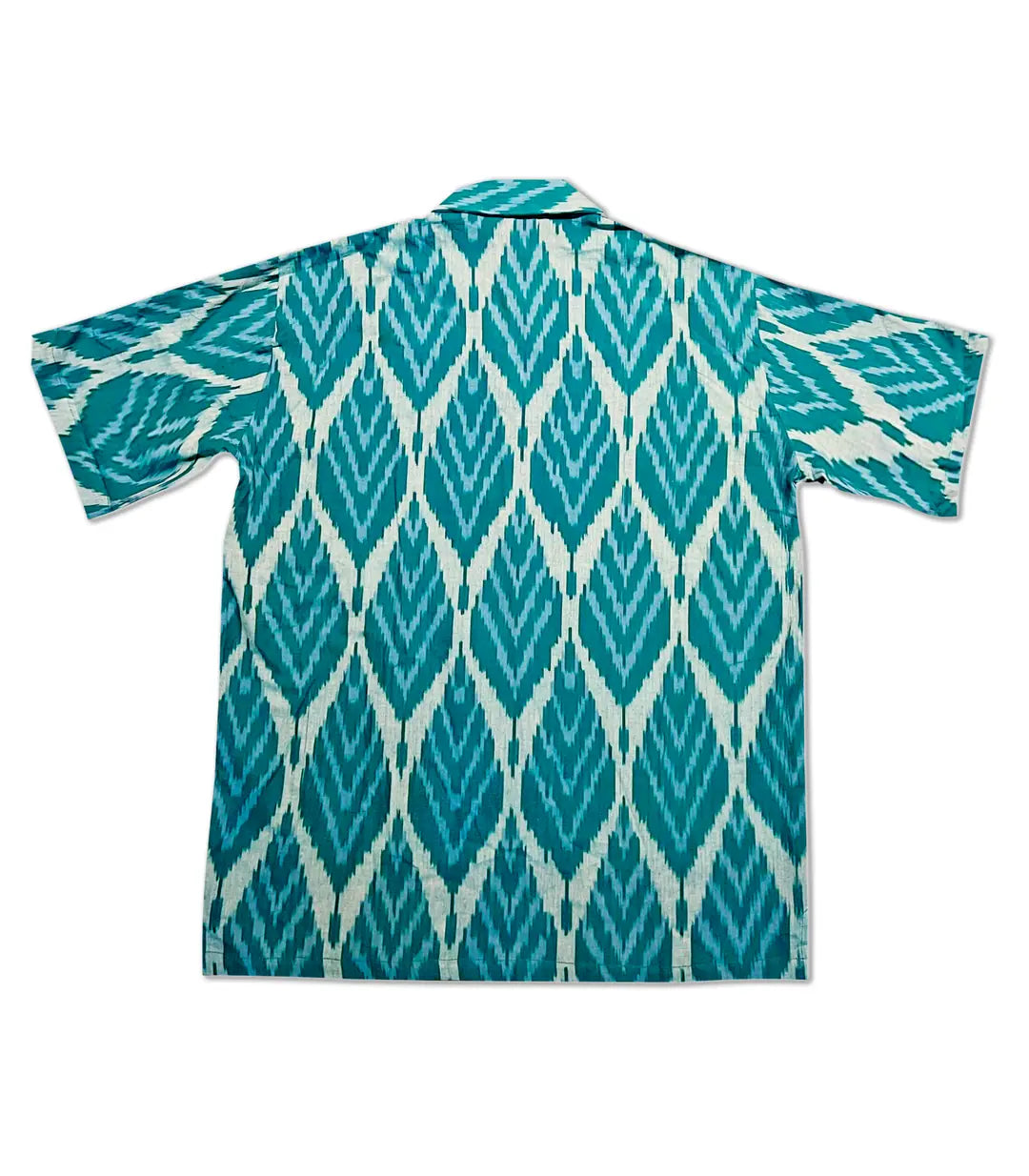 Achterkant katoenen unisex blouse met groen Ikat patroon