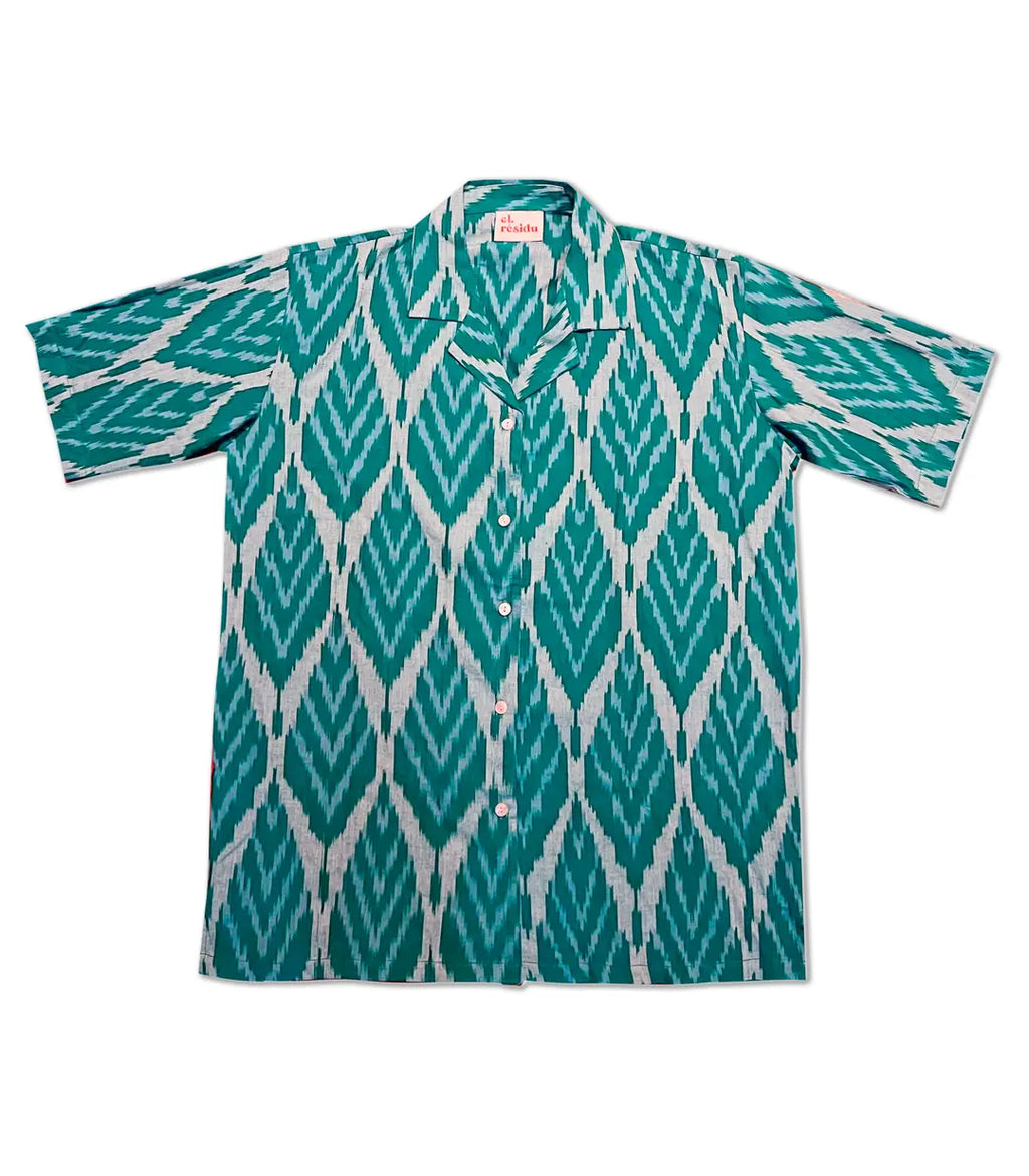 Voorpand katoenen unisex blouse met groen Ikat patroon