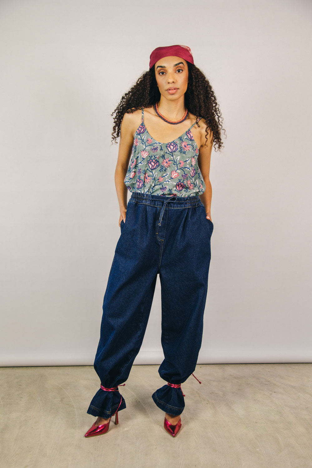 Block print singlet and denim trousers